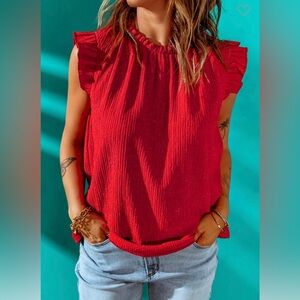 Red Ruffled Shimmer Sleeveless Top